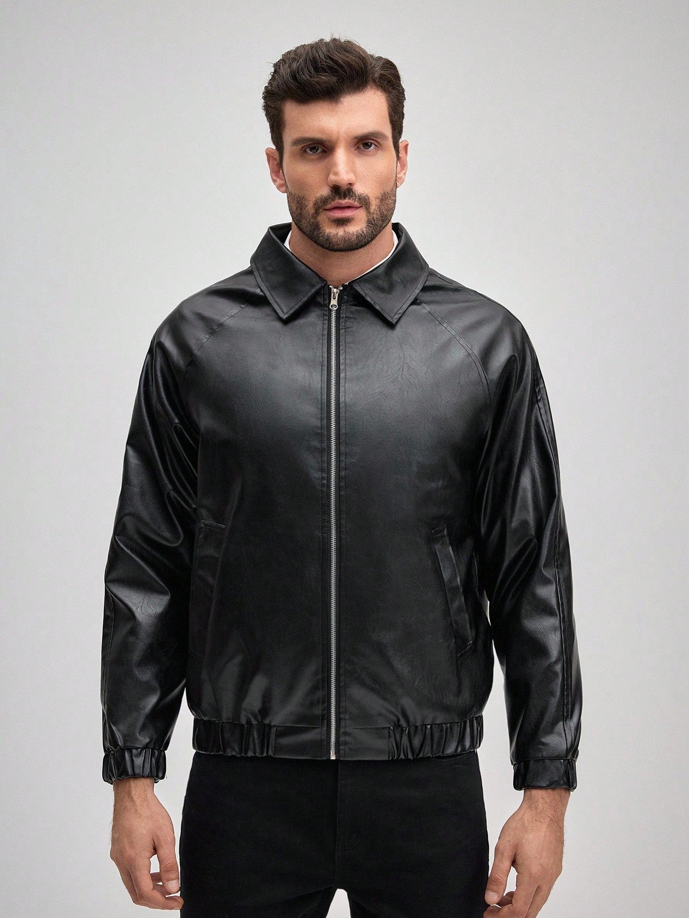 OFFICEAU Men's Old Money Black Shirt Collar Faux PU Leather Jacket, Fall/Winter