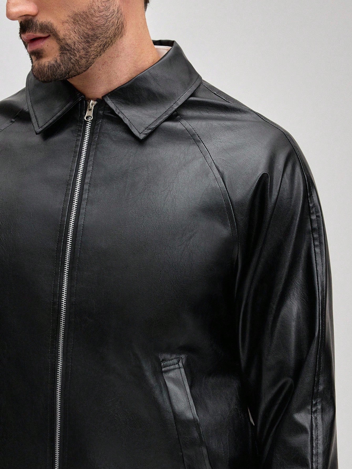 OFFICEAU Men's Old Money Black Shirt Collar Faux PU Leather Jacket, Fall/Winter