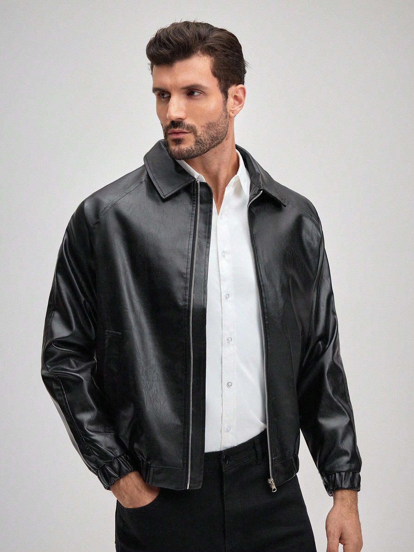 OFFICEAU Men's Old Money Black Shirt Collar Faux PU Leather Jacket, Fall/Winter