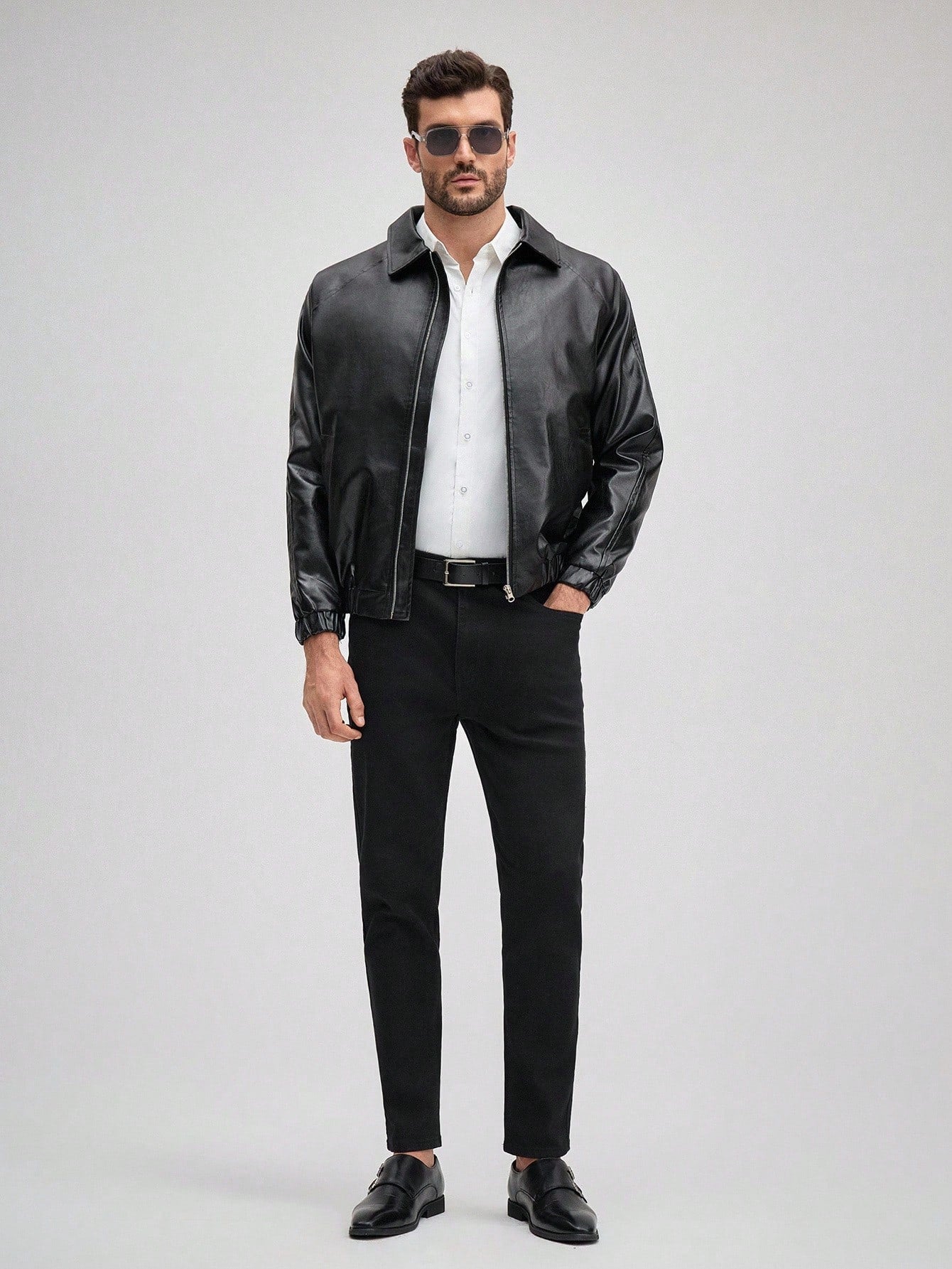 OFFICEAU Men's Old Money Black Shirt Collar Faux PU Leather Jacket, Fall/Winter