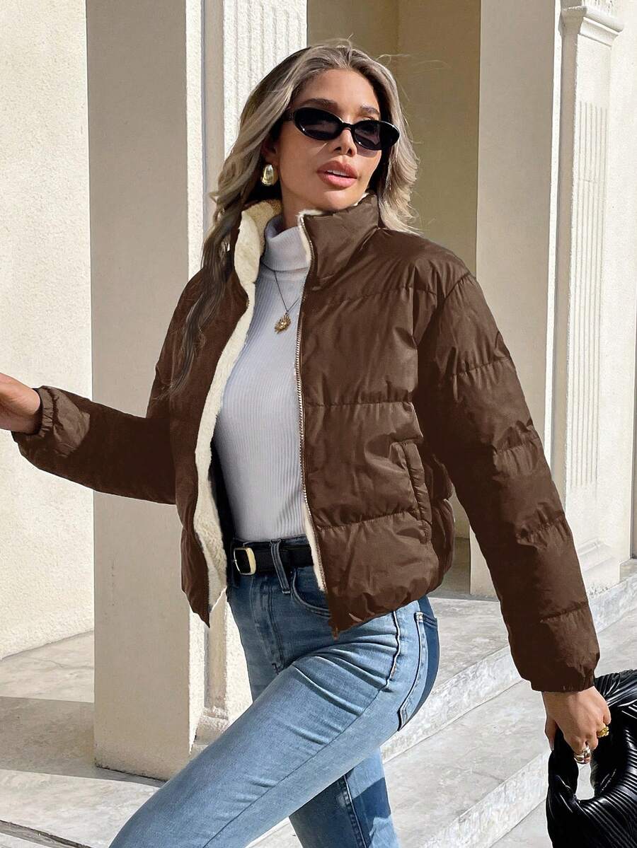 Siren Gaze Women's Casual Stand Collar Thermal Lined Jacket, Versatile For Winter,Fall Brown