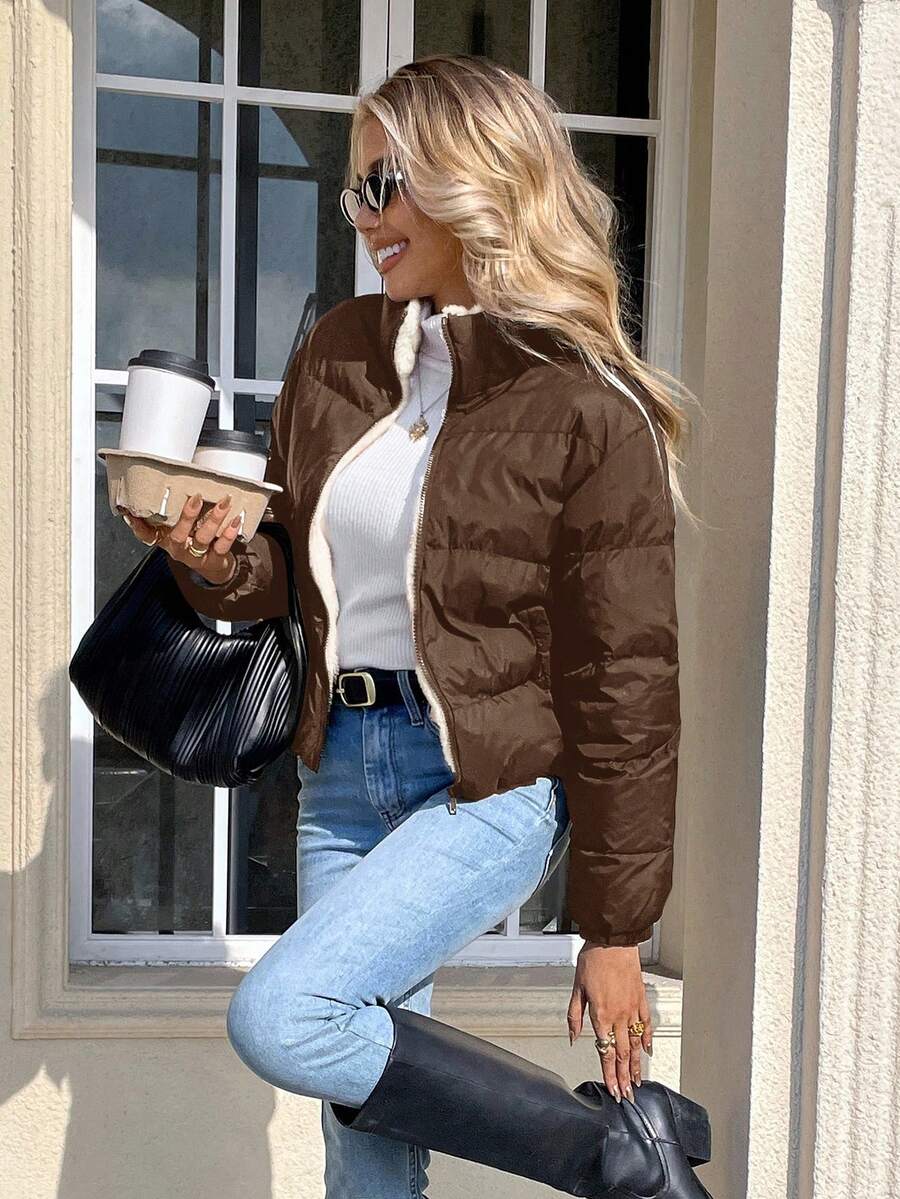 Siren Gaze Women's Casual Stand Collar Thermal Lined Jacket, Versatile For Winter,Fall Brown