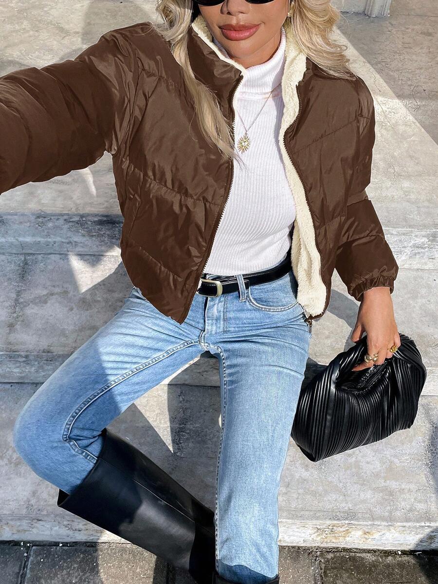 Siren Gaze Women's Casual Stand Collar Thermal Lined Jacket, Versatile For Winter,Fall Brown