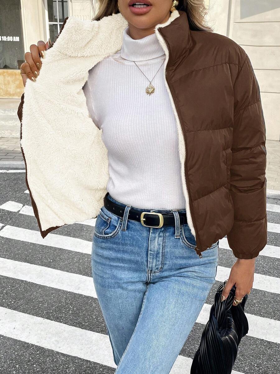 Siren Gaze Women's Casual Stand Collar Thermal Lined Jacket, Versatile For Winter,Fall Brown