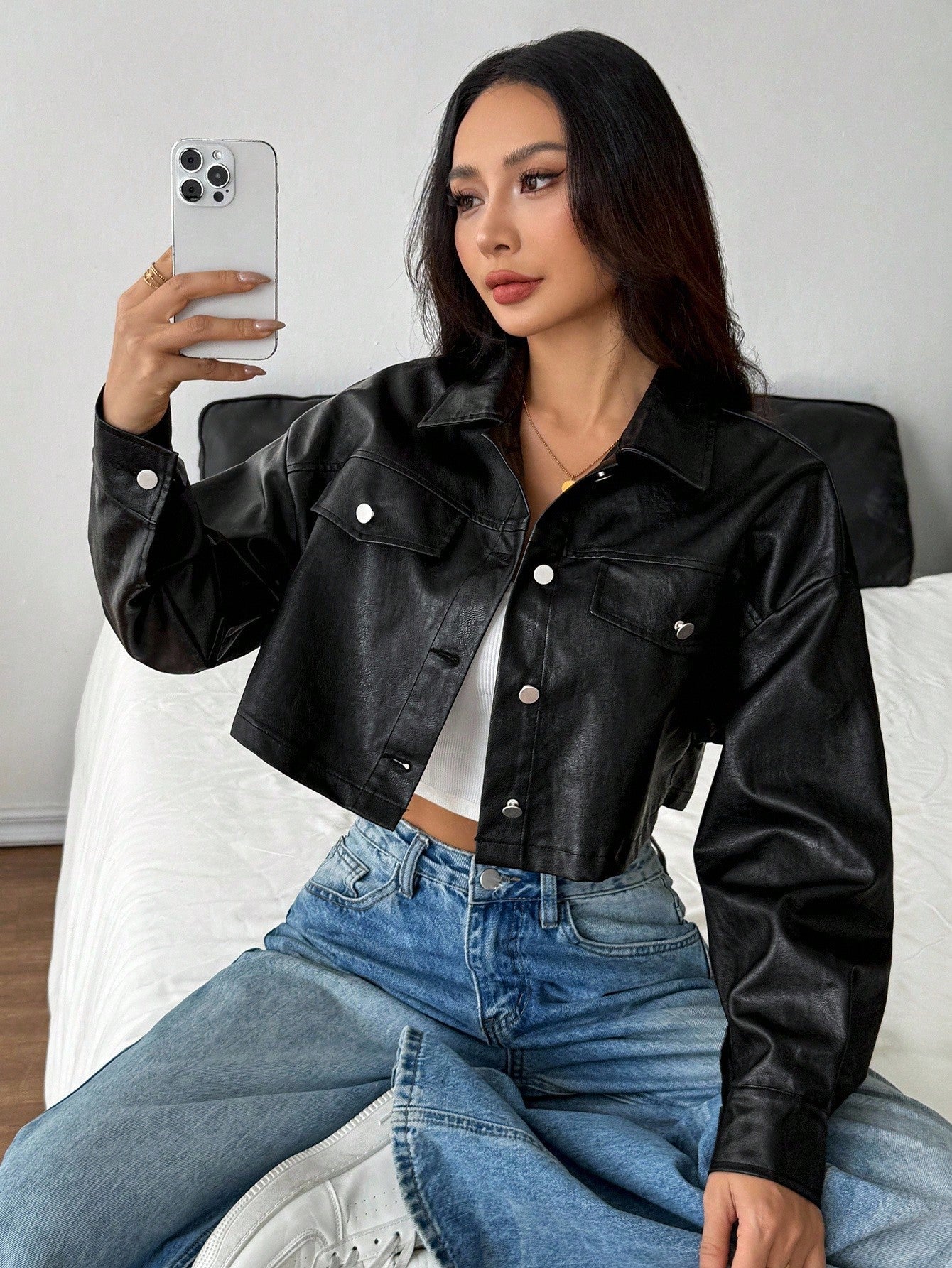 SHEIN PETITE Women's Black PU Leather Jacket