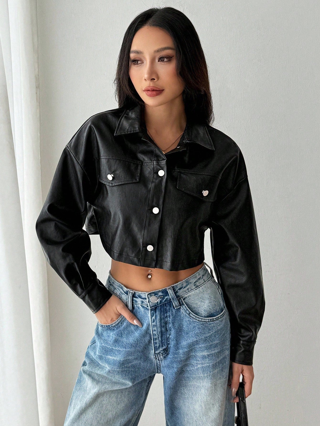 SHEIN PETITE Women's Black PU Leather Jacket