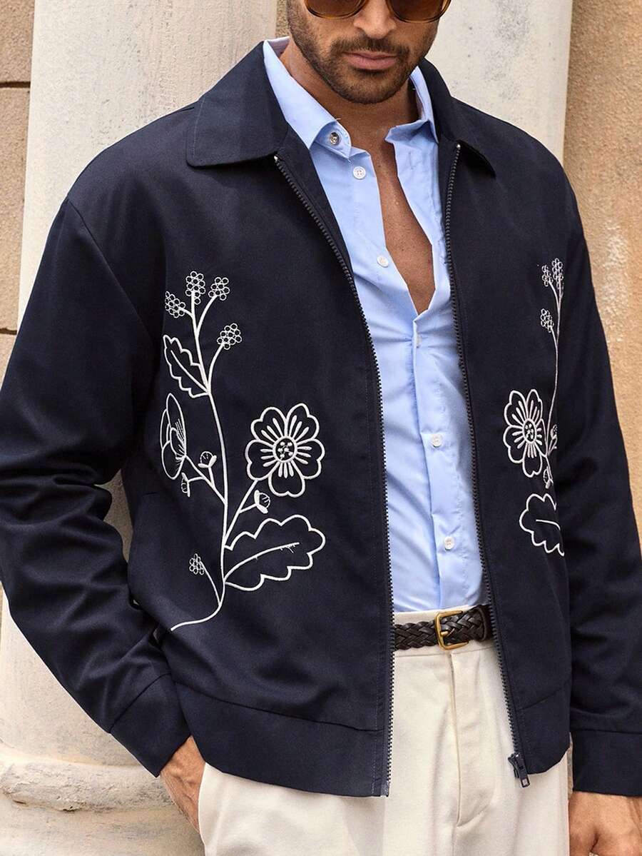 HIMLAND Men's Casual Floral Embroidered Jacket, Suitable For Everyday Wear, Fall, Winter