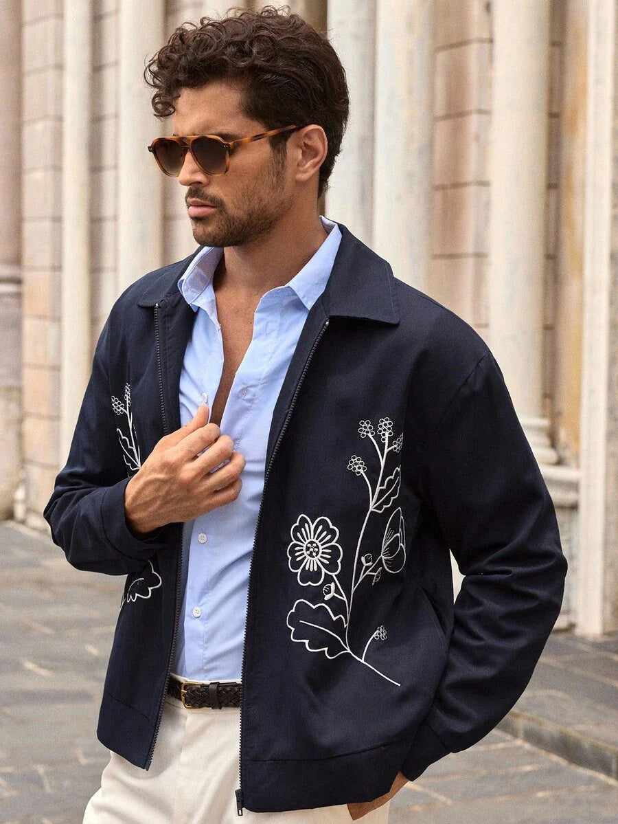 HIMLAND Men's Casual Floral Embroidered Jacket, Suitable For Everyday Wear, Fall, Winter