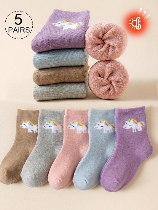 5 Pairs Girls' Wool Blend Crew Socks, Children Toddler Thick Warm Socks, White, Pink, Yellow, Blue, Color Block, Stripe, Cartoon Letter, Ice Cream, Heart Pattern, Autumn/Winter, Soft, Thick, Simple, Cute, Versatile, Suitable For Daily Wear, Students