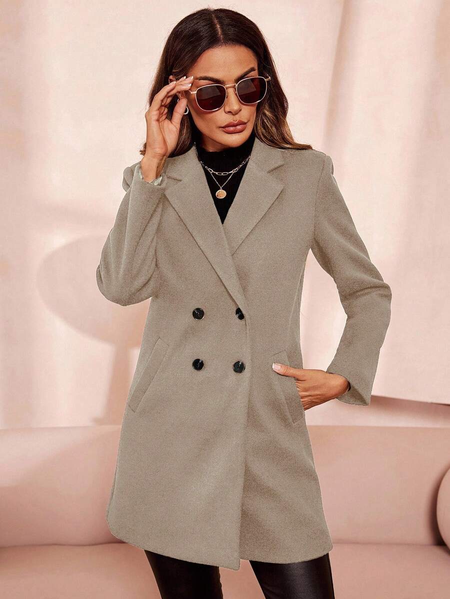 Clasi Women's Solid Color Double-Breasted Long Sleeve Woolen Windbreaker, Fashionable For Autumn/Winter
