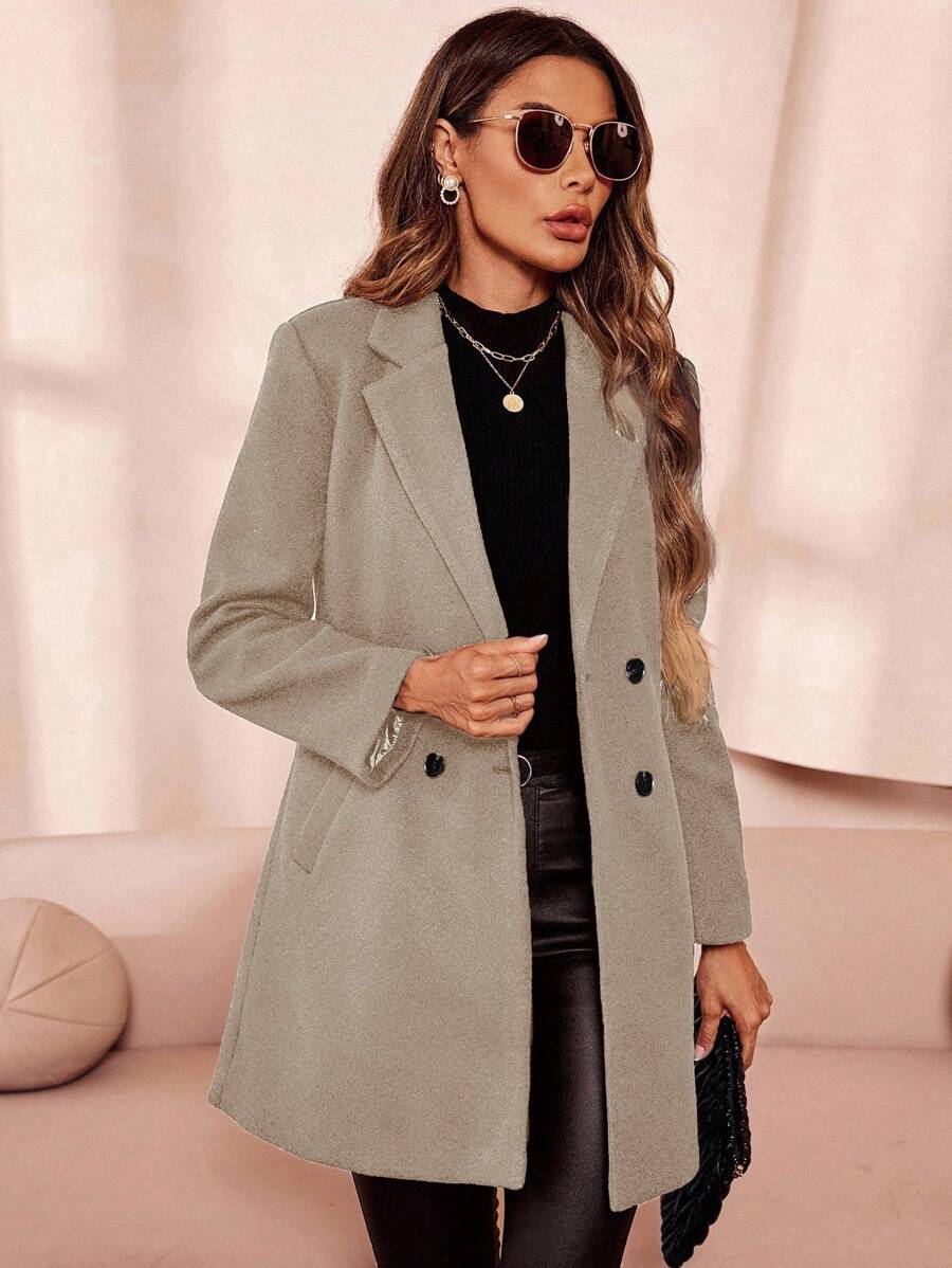Clasi Women's Solid Color Double-Breasted Long Sleeve Woolen Windbreaker, Fashionable For Autumn/Winter