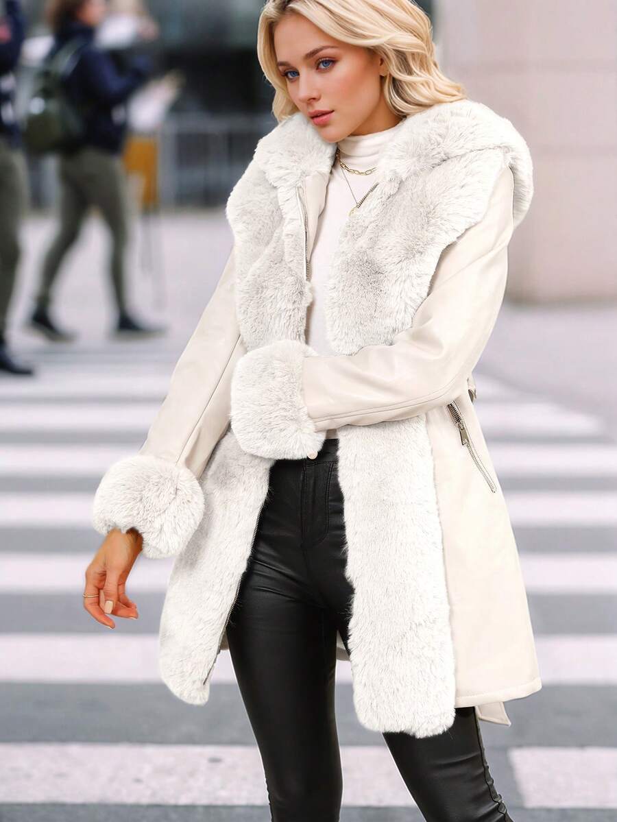 Giolshon Women's PU Jacket With Faux Fur And Belt - Perfect For Fall And Winter, And Stylish With Waist Tie For Casual Or Work Commute