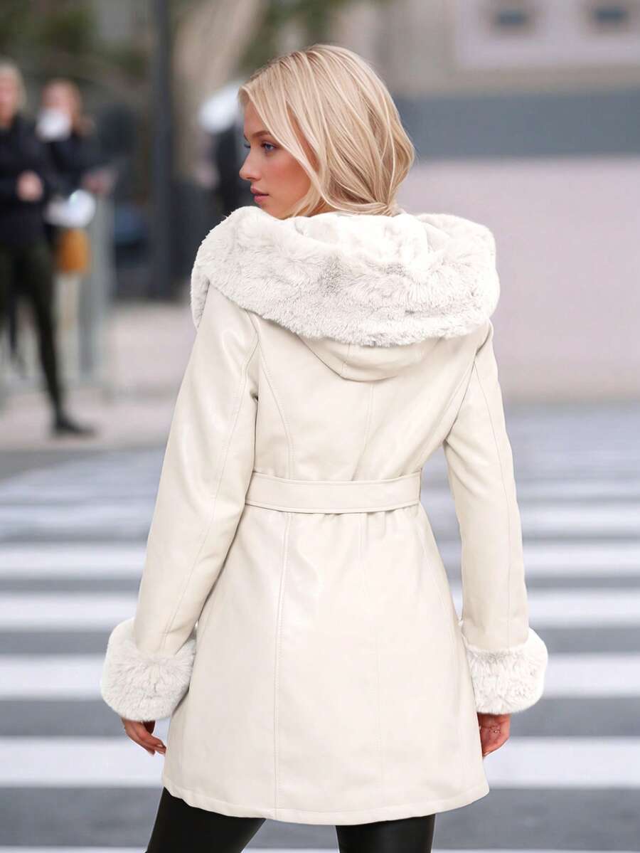 Giolshon Women's PU Jacket With Faux Fur And Belt - Perfect For Fall And Winter, And Stylish With Waist Tie For Casual Or Work Commute