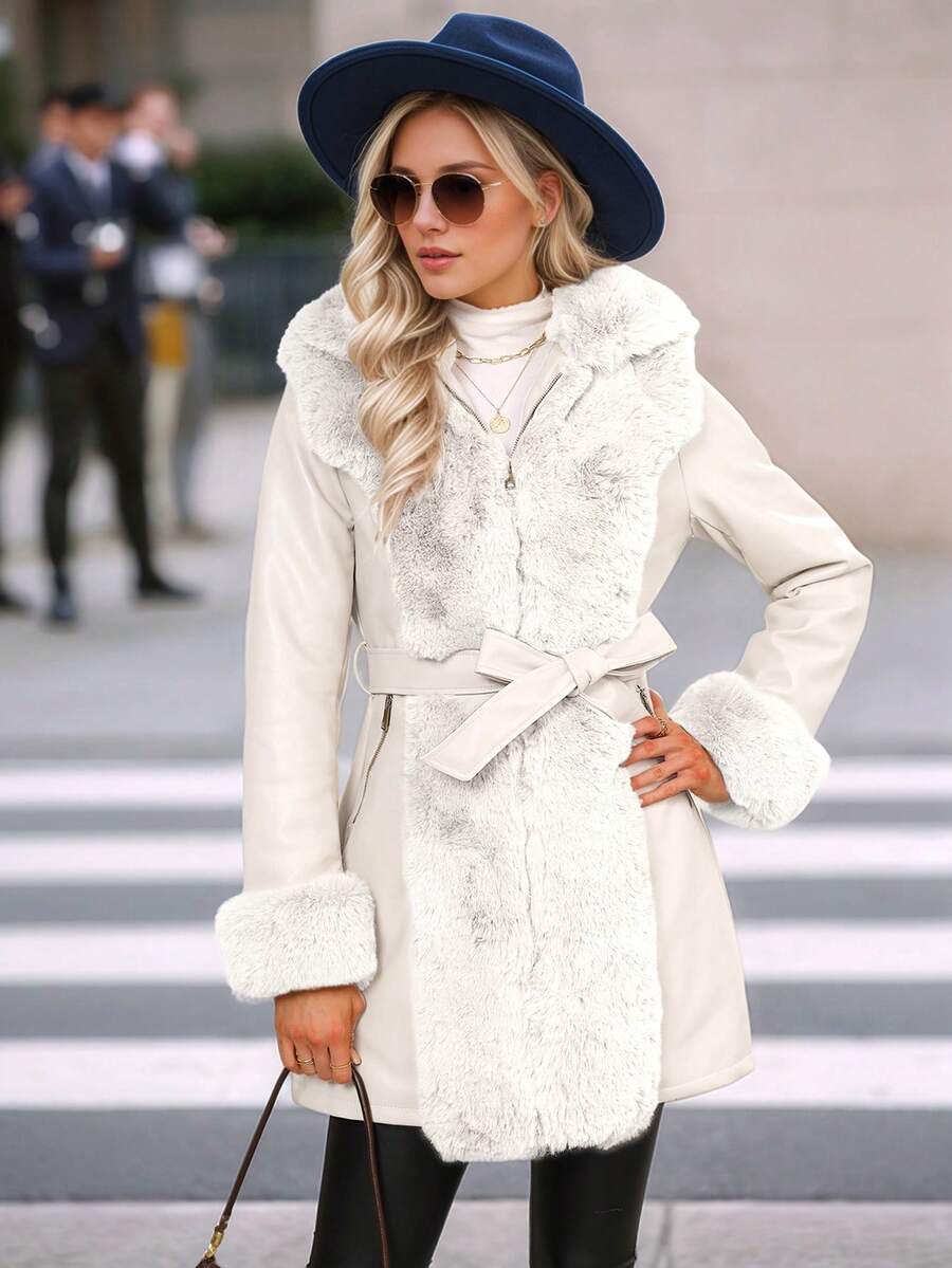 Giolshon Women's PU Jacket With Faux Fur And Belt - Perfect For Fall And Winter, And Stylish With Waist Tie For Casual Or Work Commute
