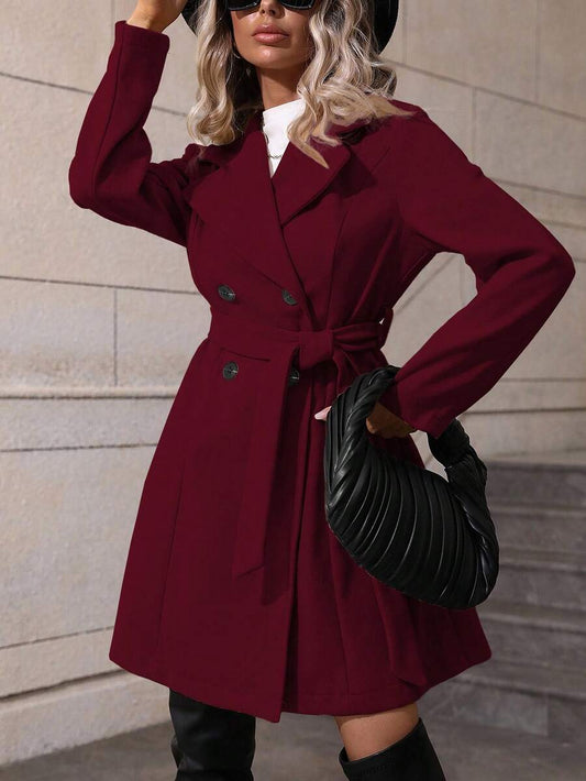 EMERY ROSE Women's Solid Color Lapel NeckLong Sleeve Double-Breasted Elegant Overcoat, Autumn/Winter
