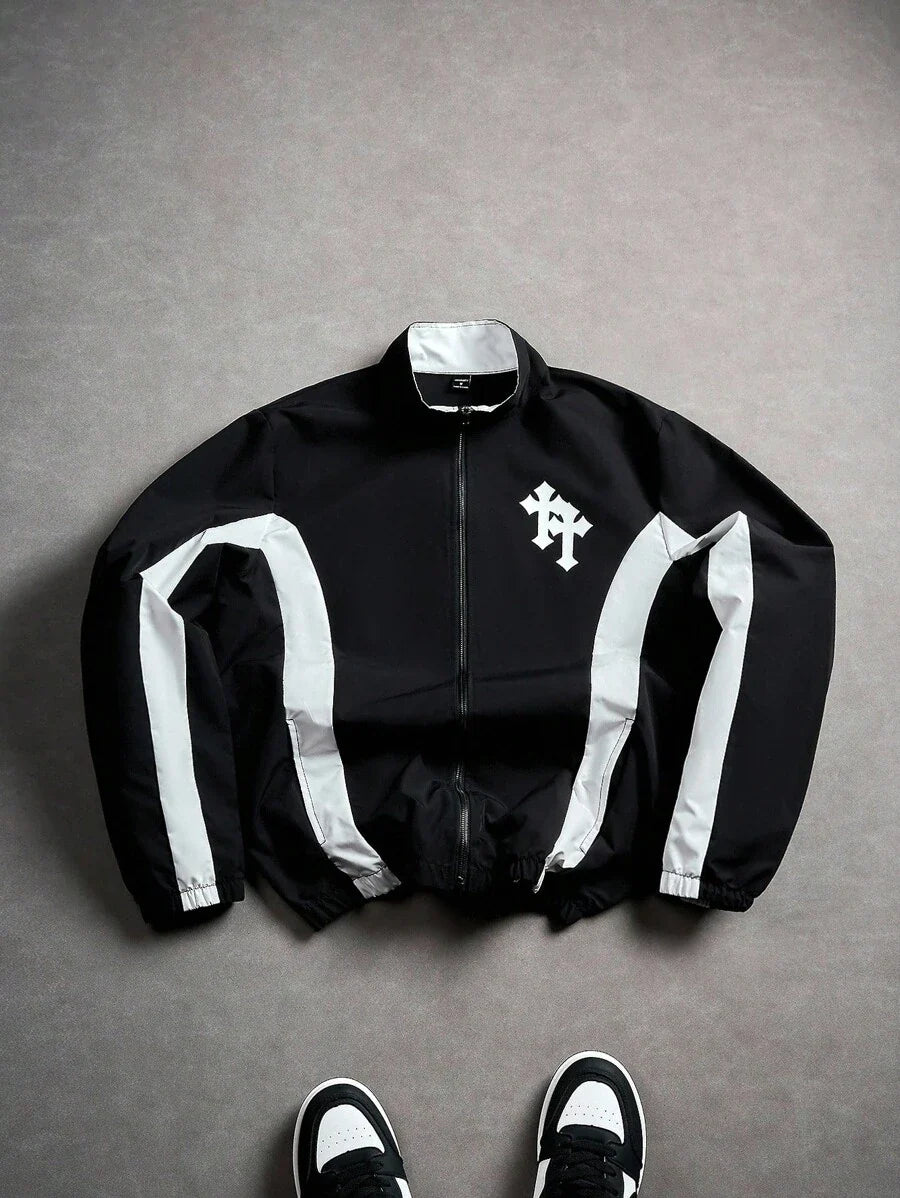 PAVTROS Manfinity Streetrush Men's Casual Zip-Up Contrast Color Block Stand Collar Outdoor Windbreaker Jacket, Cross Graphic Design, Suitable For Daily Wear, Outings, Sports, School, Parties, Music Festivals Streetwear Y2k , Fall