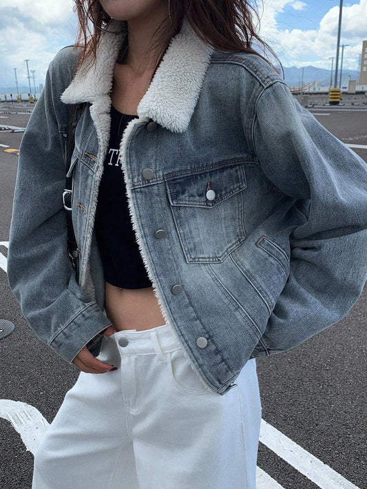 DAZY Women's Casual Faux Shearling Patchwork Denim Jacket Fleece Lined, Winter