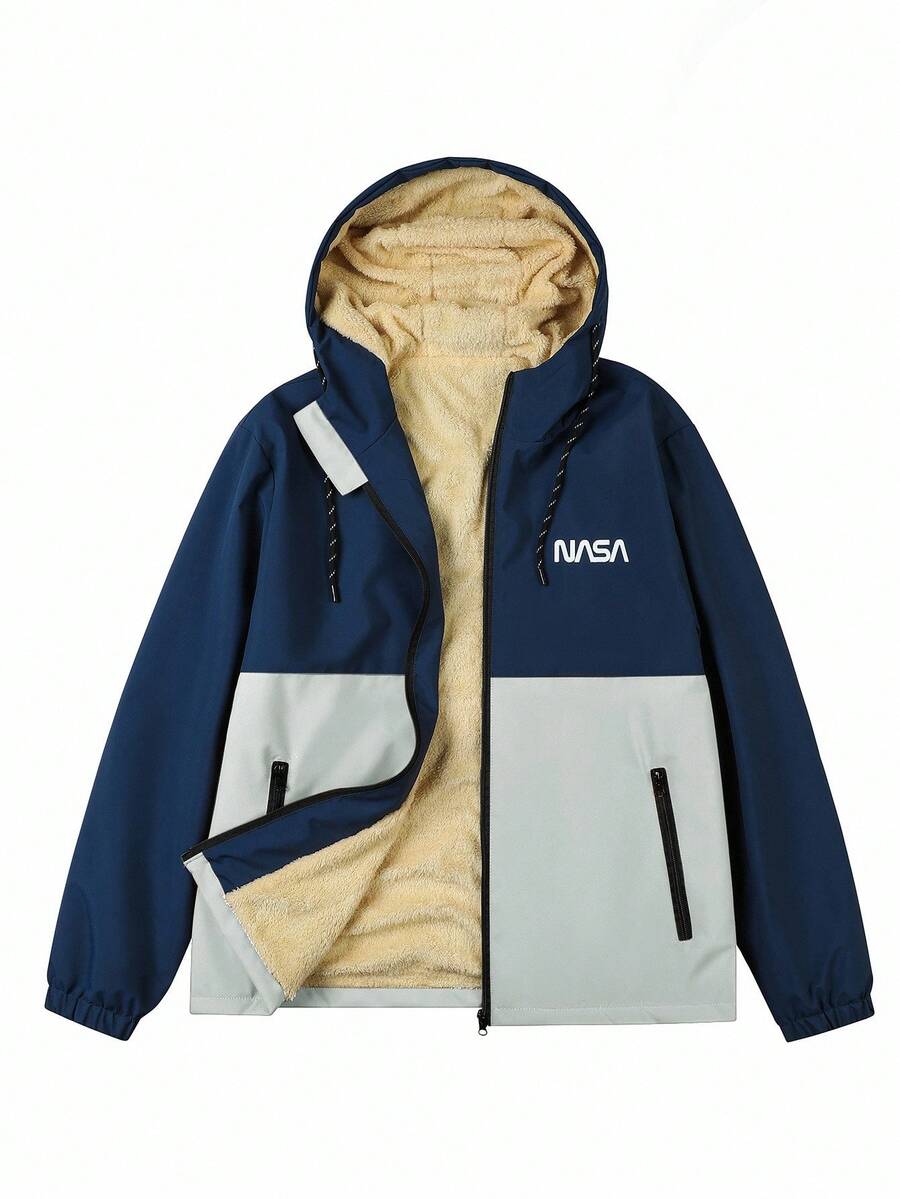 Manfinity Homme Loose-Fit Men's Color Block Letter Print Hooded Fleece Outdoor Windbreaker Jacket Autumn Coat