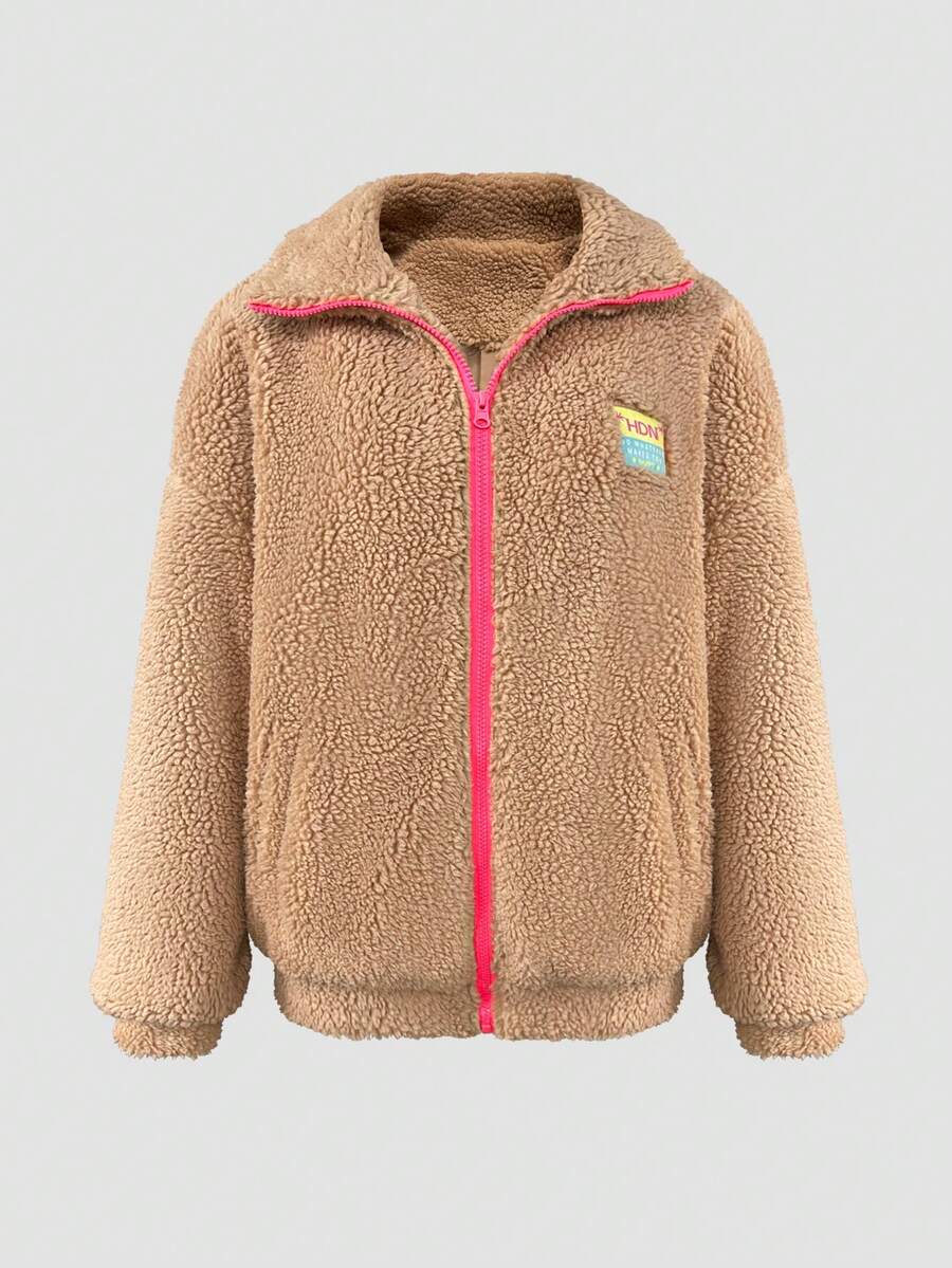 Contrast Color Patchwork Soft Fleece Zipper Hoodie, Casual Wear