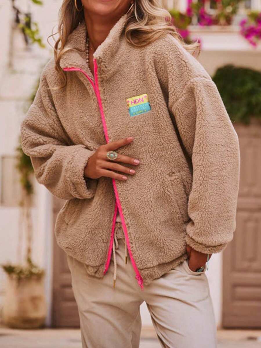 Contrast Color Patchwork Soft Fleece Zipper Hoodie, Casual Wear