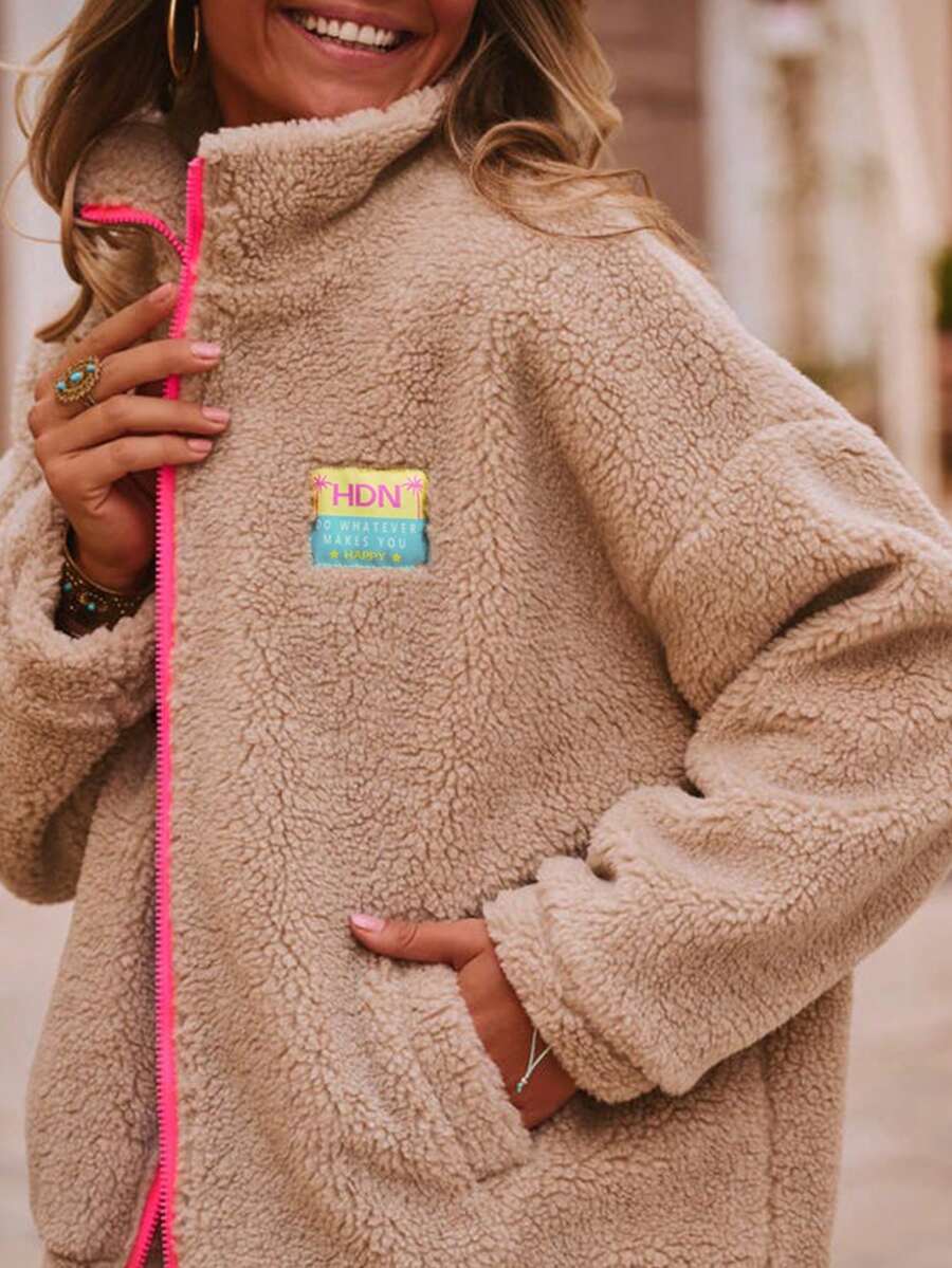 Contrast Color Patchwork Soft Fleece Zipper Hoodie, Casual Wear
