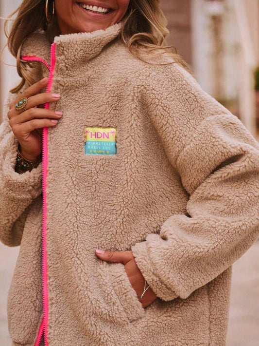 Contrast Color Patchwork Soft Fleece Zipper Hoodie, Casual Wear