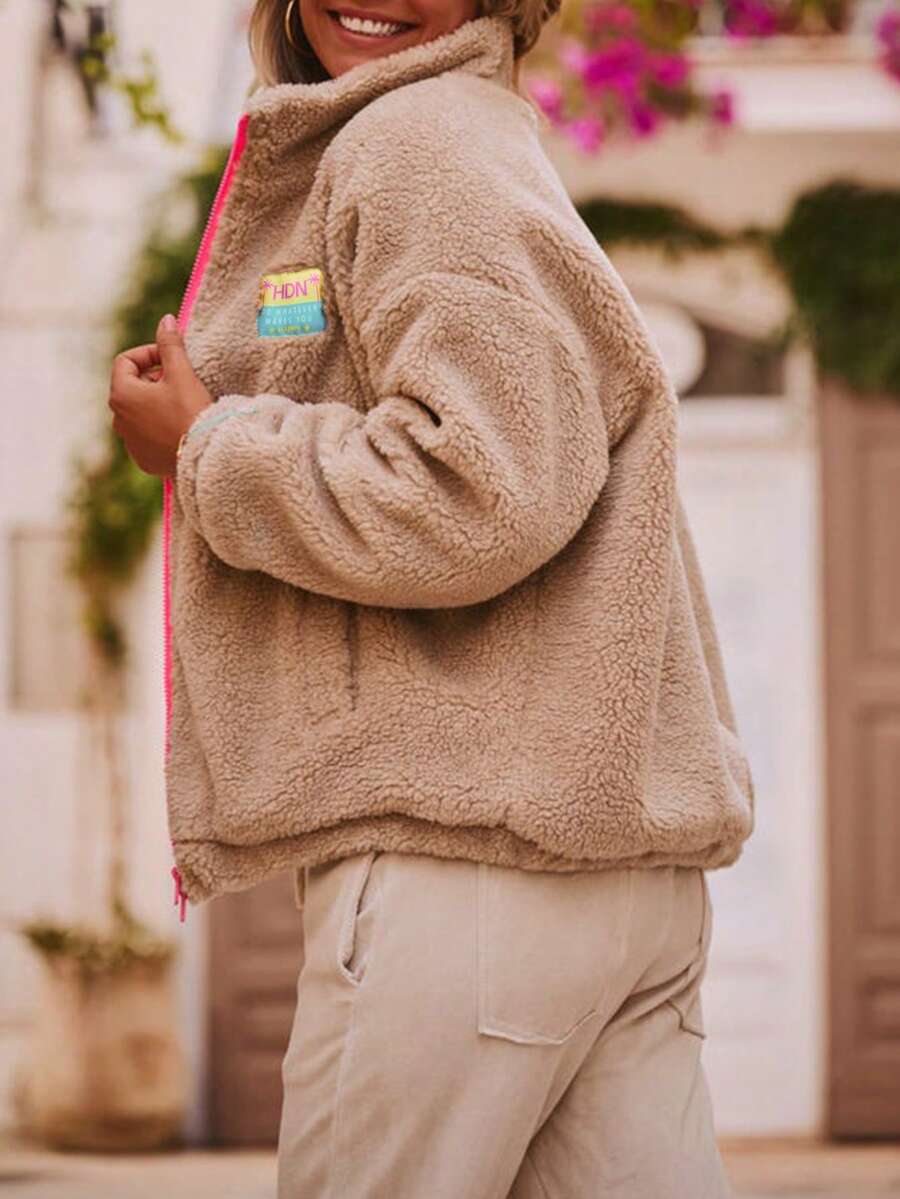 Contrast Color Patchwork Soft Fleece Zipper Hoodie, Casual Wear