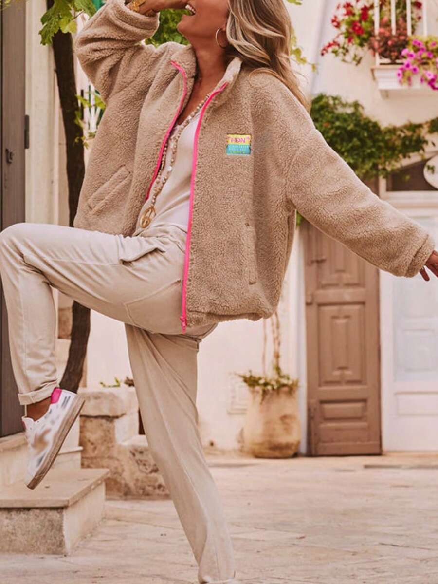 Contrast Color Patchwork Soft Fleece Zipper Hoodie, Casual Wear
