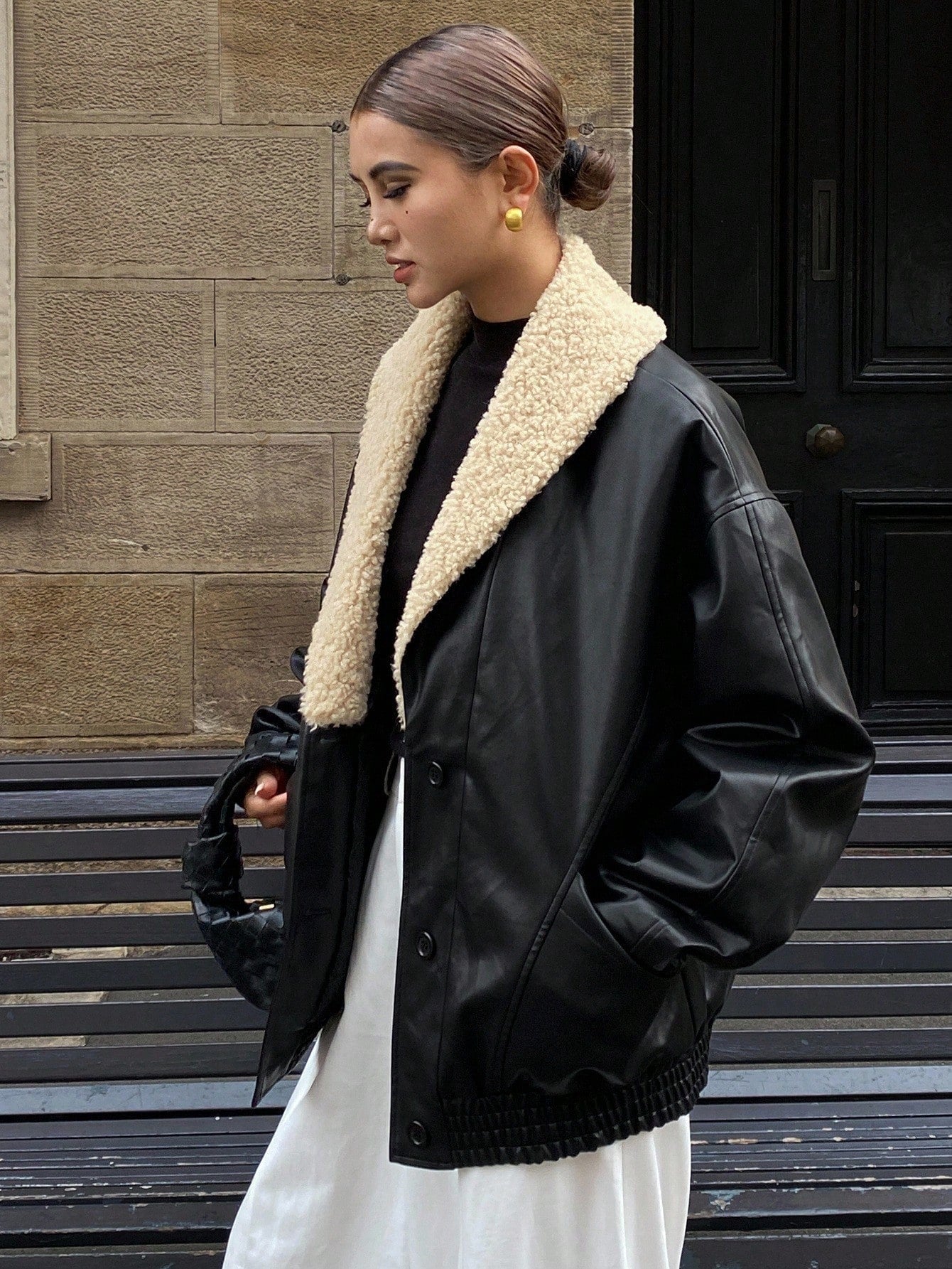 DAZY Women's Loose Casual Streetwear Lamb Wool & PU Leather Patchwork V-Neck Coat, Autumn/Winter Jacket