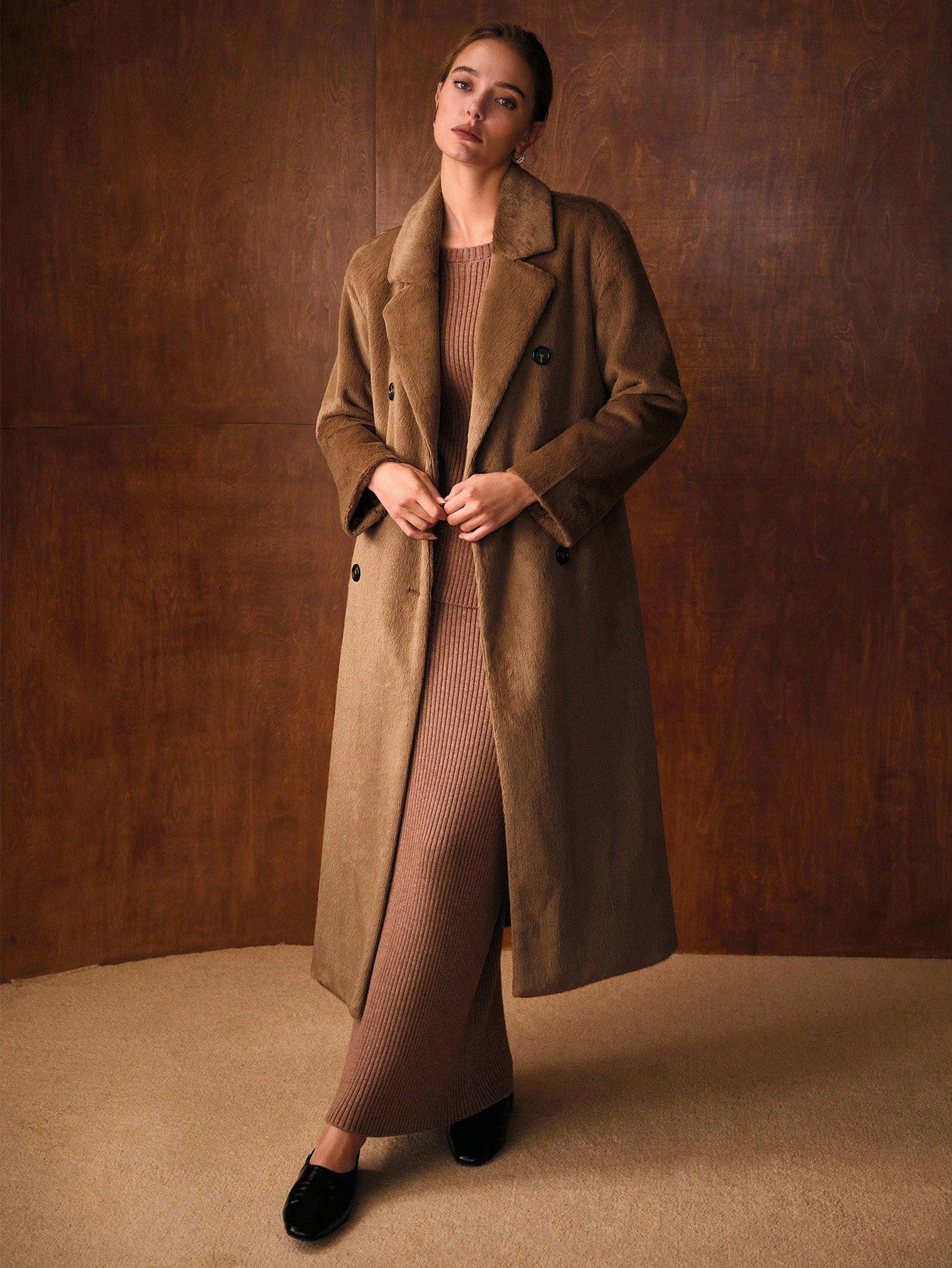 MOTF PREMIUM DOUBLE BREASTED BELTED FAUX FUR COAT