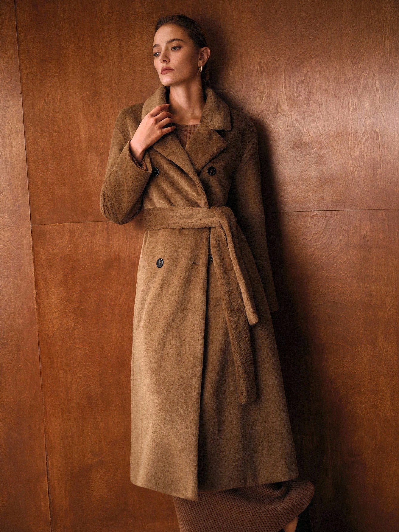 MOTF PREMIUM DOUBLE BREASTED BELTED FAUX FUR COAT