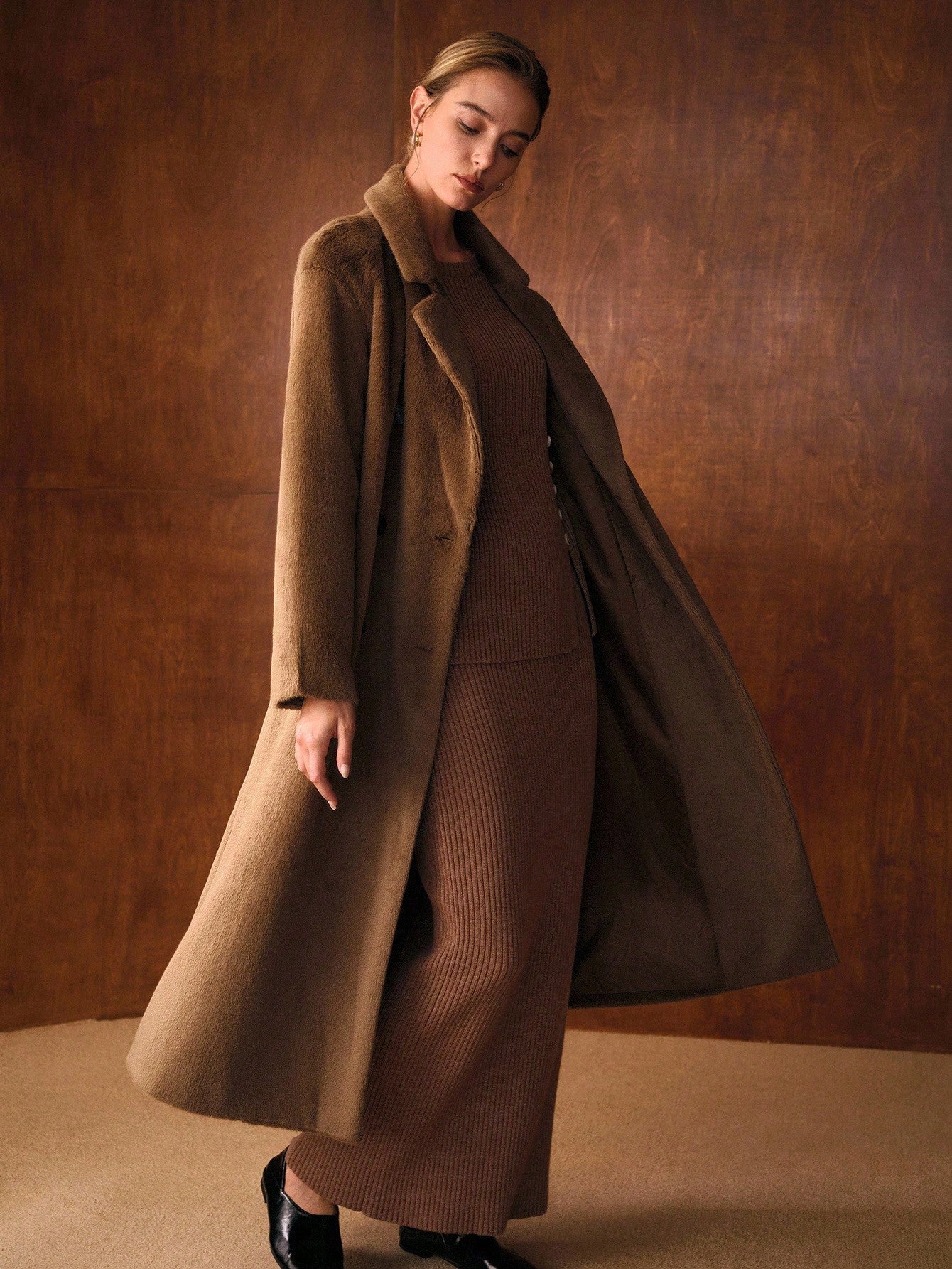 MOTF PREMIUM DOUBLE BREASTED BELTED FAUX FUR COAT