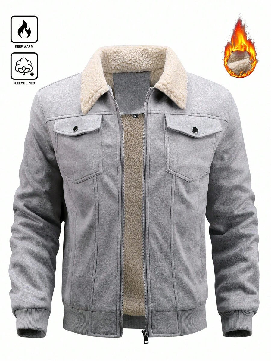 Manfinity Homme Men's Sherpa Fleece Jacket, Faux Suede Fur Collar, For Fall Winter
