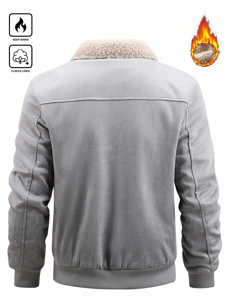 Manfinity Homme Men's Sherpa Fleece Jacket, Faux Suede Fur Collar, For Fall Winter