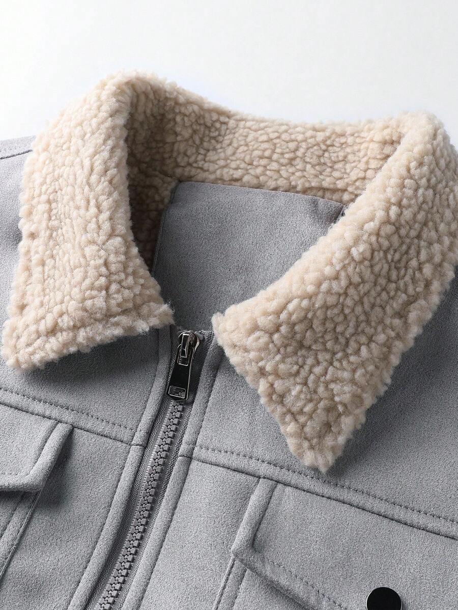 Manfinity Homme Men's Sherpa Fleece Jacket, Faux Suede Fur Collar, For Fall Winter