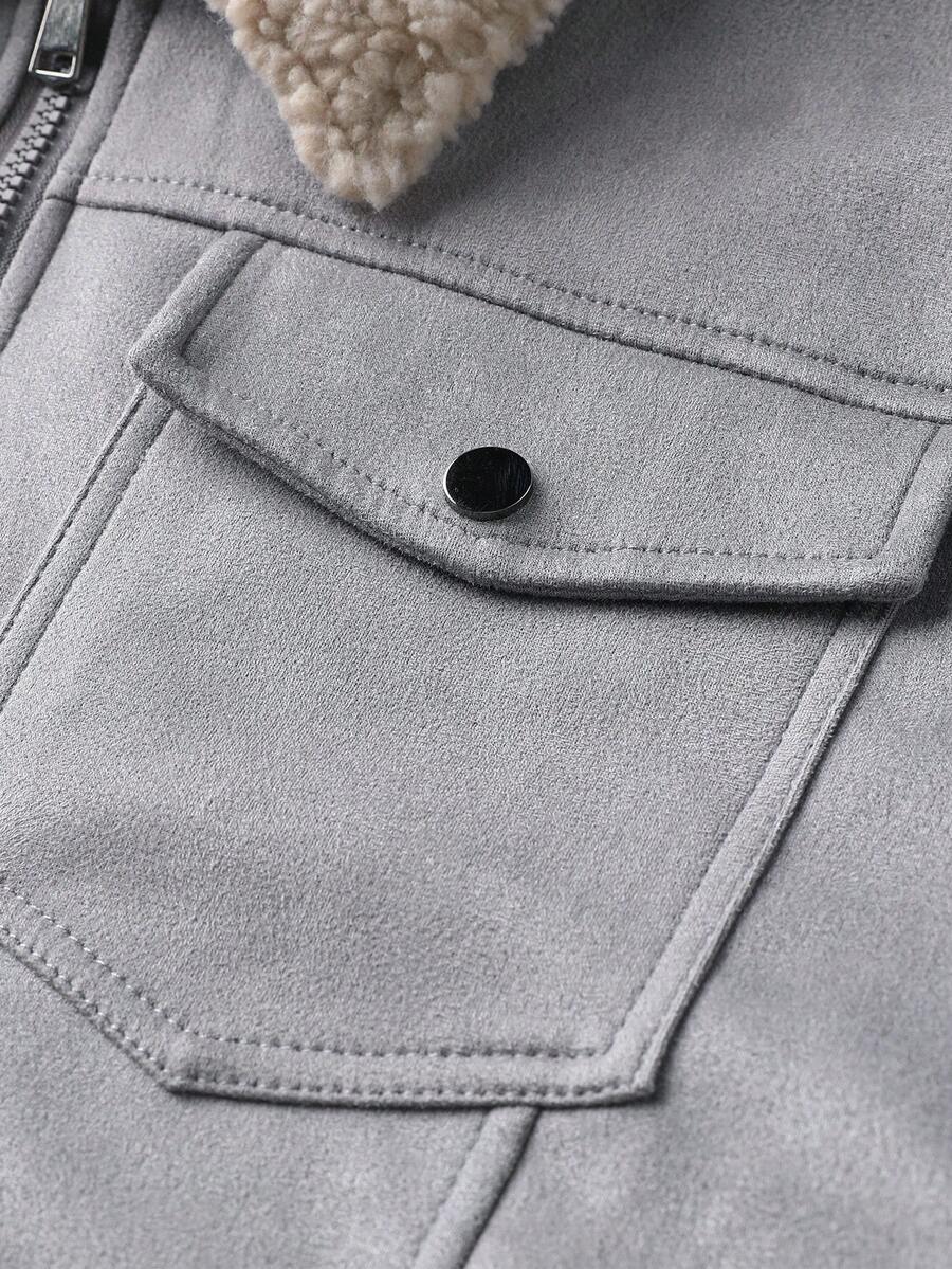 Manfinity Homme Men's Sherpa Fleece Jacket, Faux Suede Fur Collar, For Fall Winter