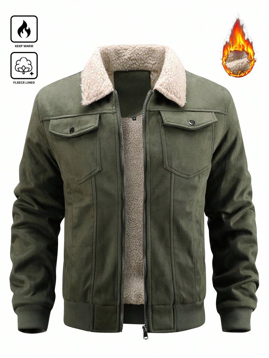 Manfinity Homme Men's Sherpa Fleece Jacket, Faux Suede Fur Collar, For Fall Winter
