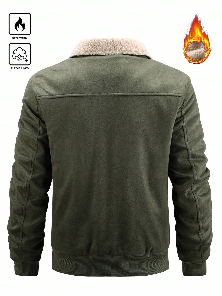 Manfinity Homme Men's Sherpa Fleece Jacket, Faux Suede Fur Collar, For Fall Winter