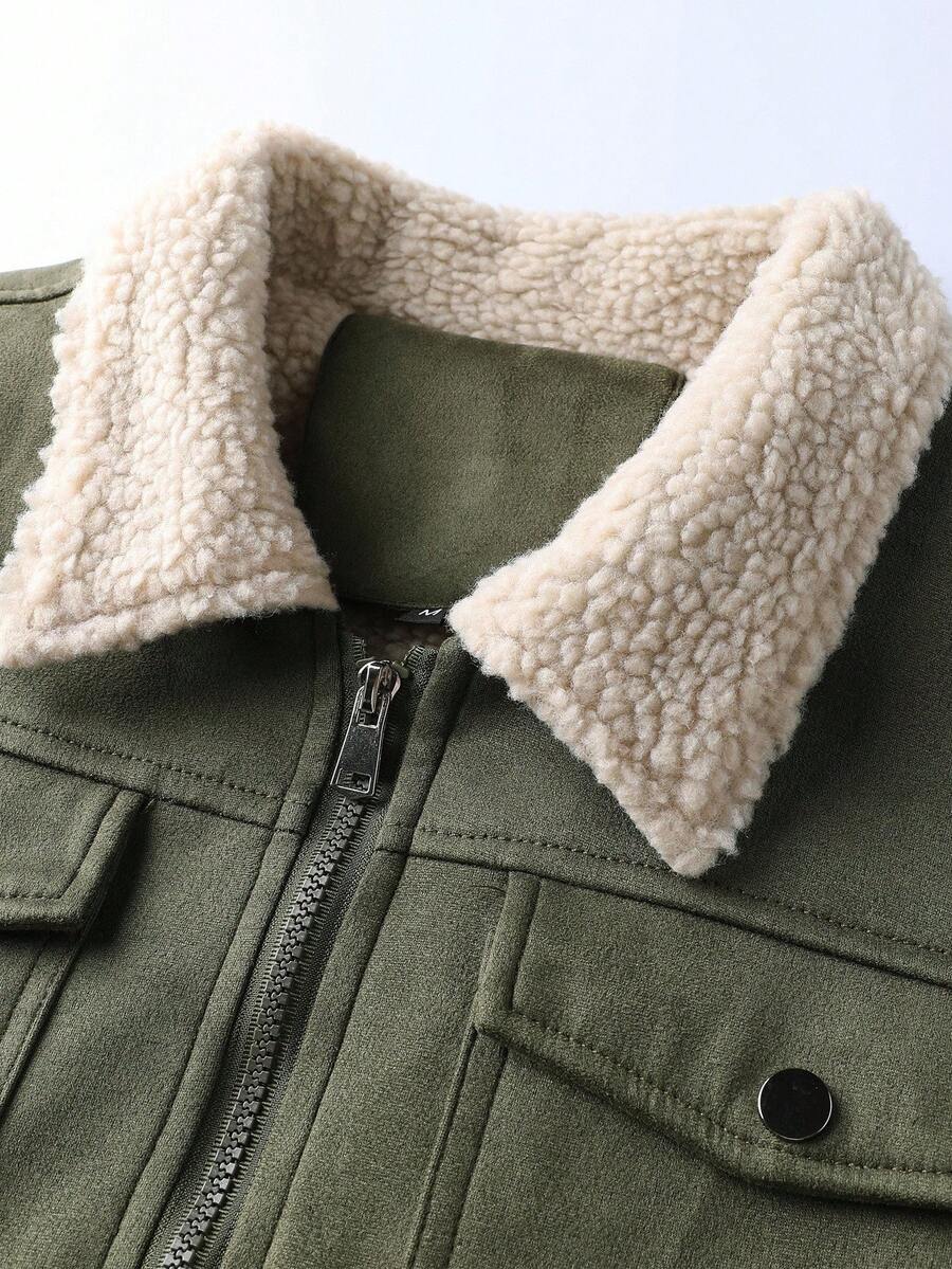Manfinity Homme Men's Sherpa Fleece Jacket, Faux Suede Fur Collar, For Fall Winter