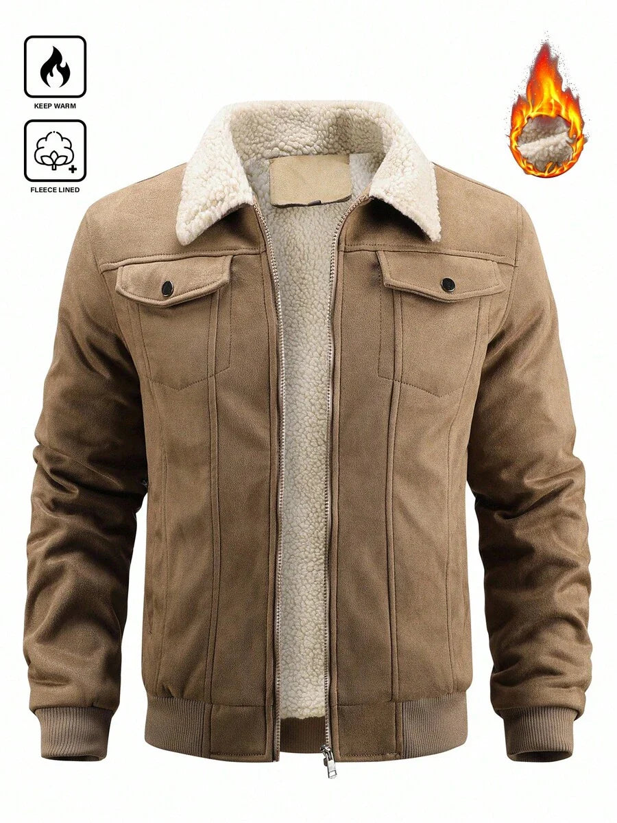 Manfinity Homme Men's Sherpa Fleece Jacket, Faux Suede Fur Collar, For Fall Winter