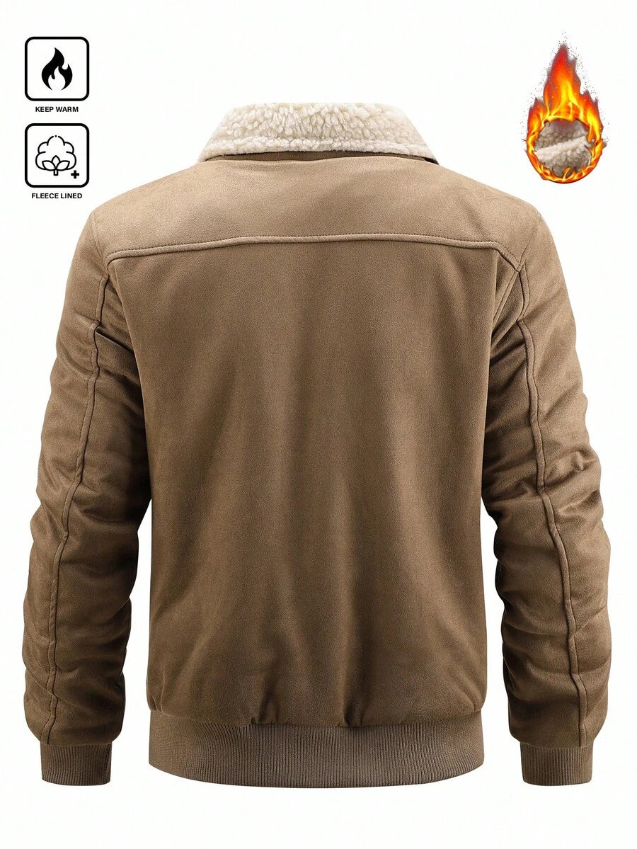 Manfinity Homme Men's Sherpa Fleece Jacket, Faux Suede Fur Collar, For Fall Winter