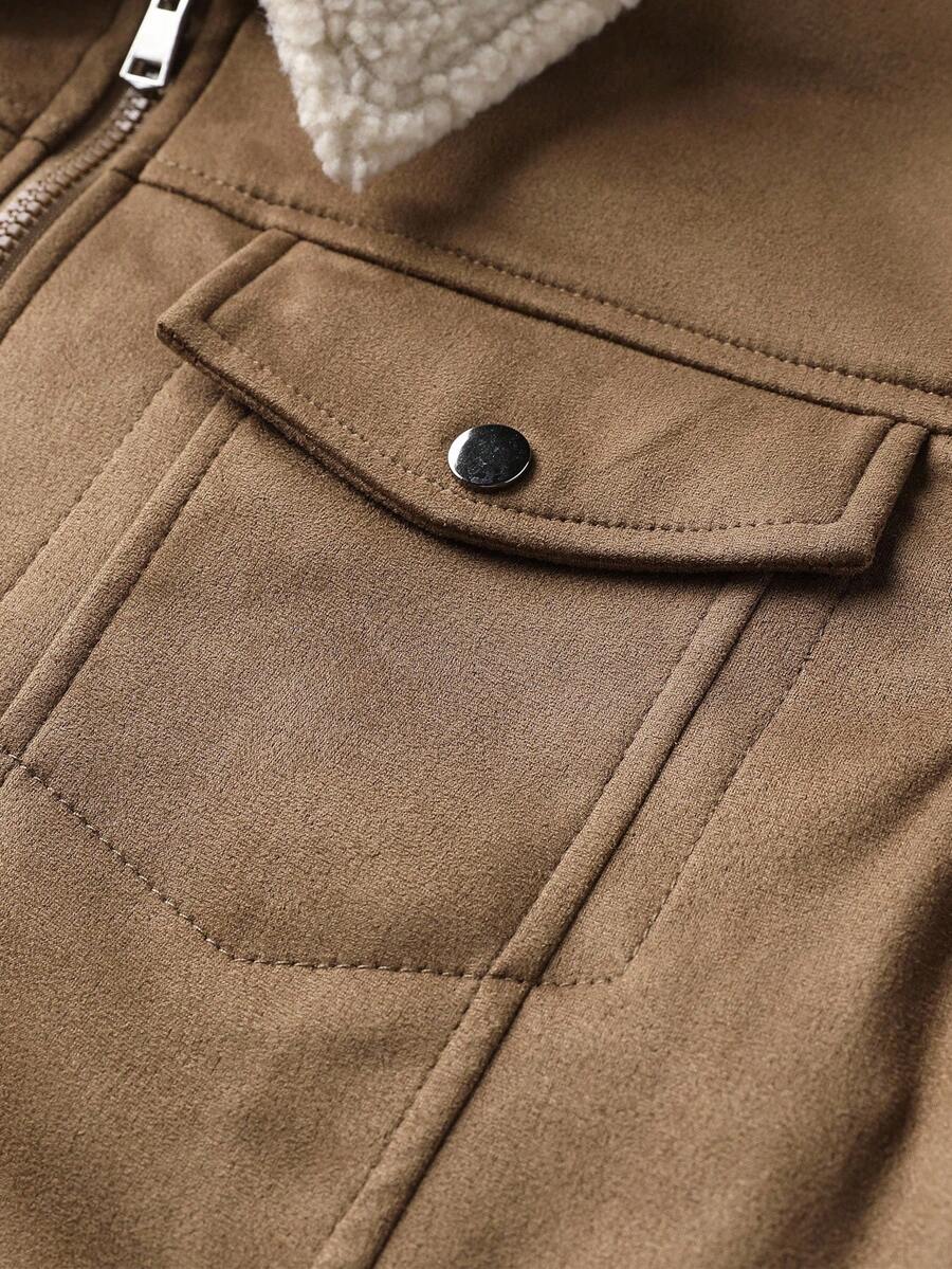 Manfinity Homme Men's Sherpa Fleece Jacket, Faux Suede Fur Collar, For Fall Winter