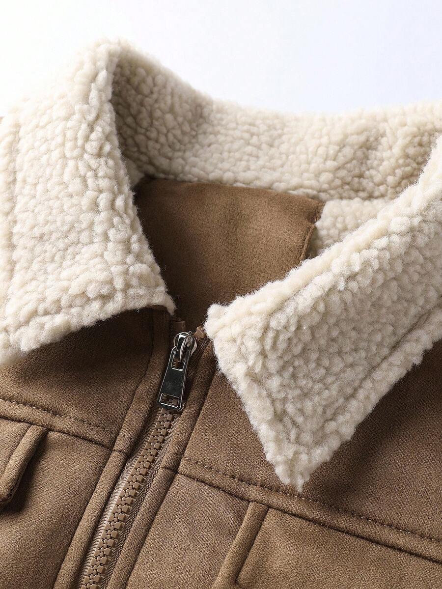 Manfinity Homme Men's Sherpa Fleece Jacket, Faux Suede Fur Collar, For Fall Winter