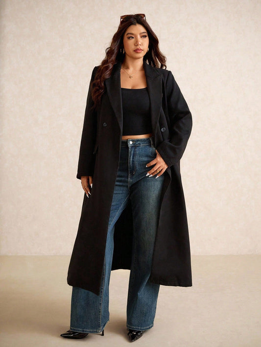 Elaquor Plus Size Women's Casual Fashionable Street Style Simple Solid Color Peak Collar Double-Breasted Long Cardigan, Autumn/Winter Long Coat Fall