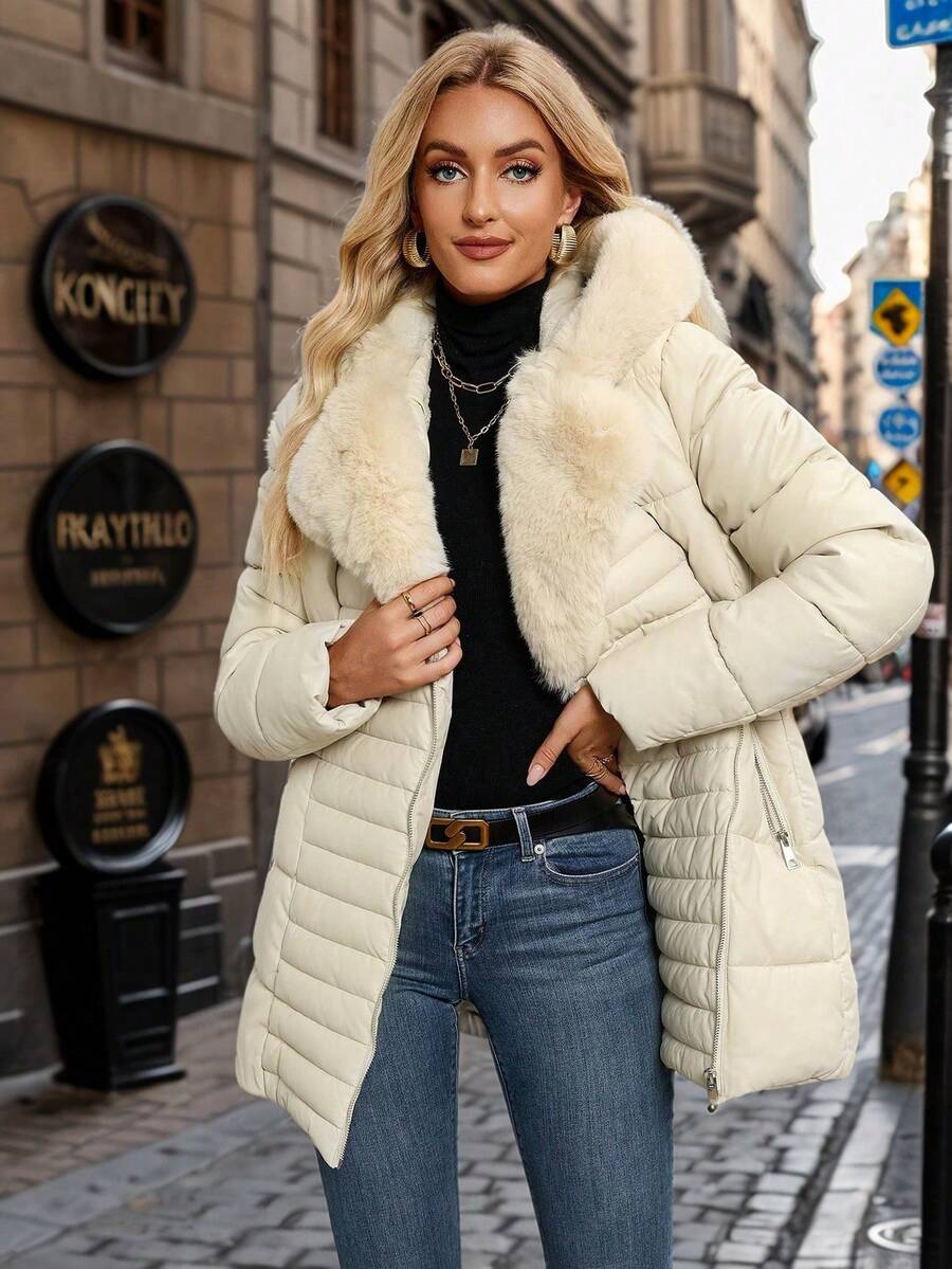 Women's Spring, Fall And Winter PU Simple Clip Jacket Elegant Hooded Jacket Faux Fur Collar Belt Can Be Waisted