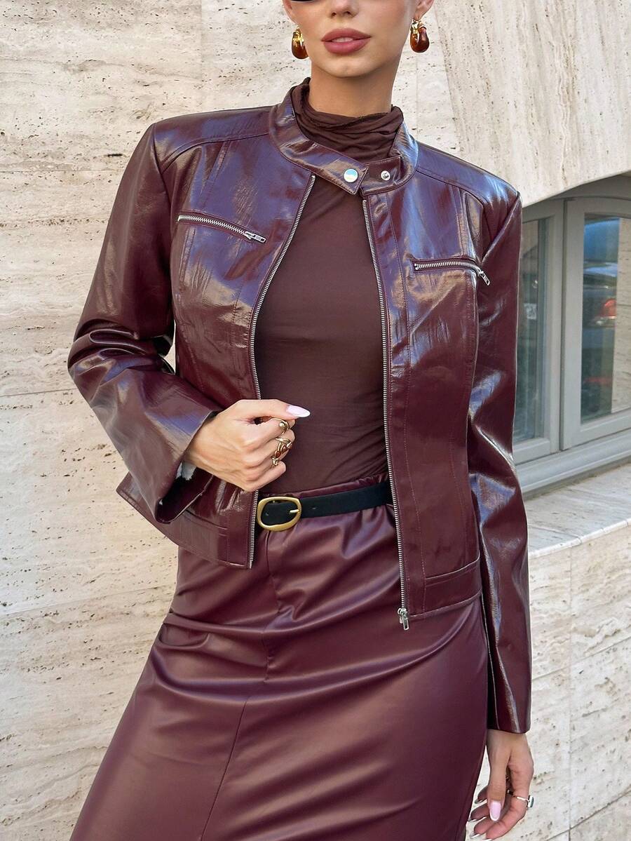 Editum Slim Fit Zip-Up Fleece Jacket With Lining, Black High Collar Casual Street Style Long Sleeve Women's Jacket For Autumn/Winter Black Jacket Women Cropped Jacket Black Crop Jacket Jackets For Women Casual Black Blazer Women,Cozy Fall And Winter Clot