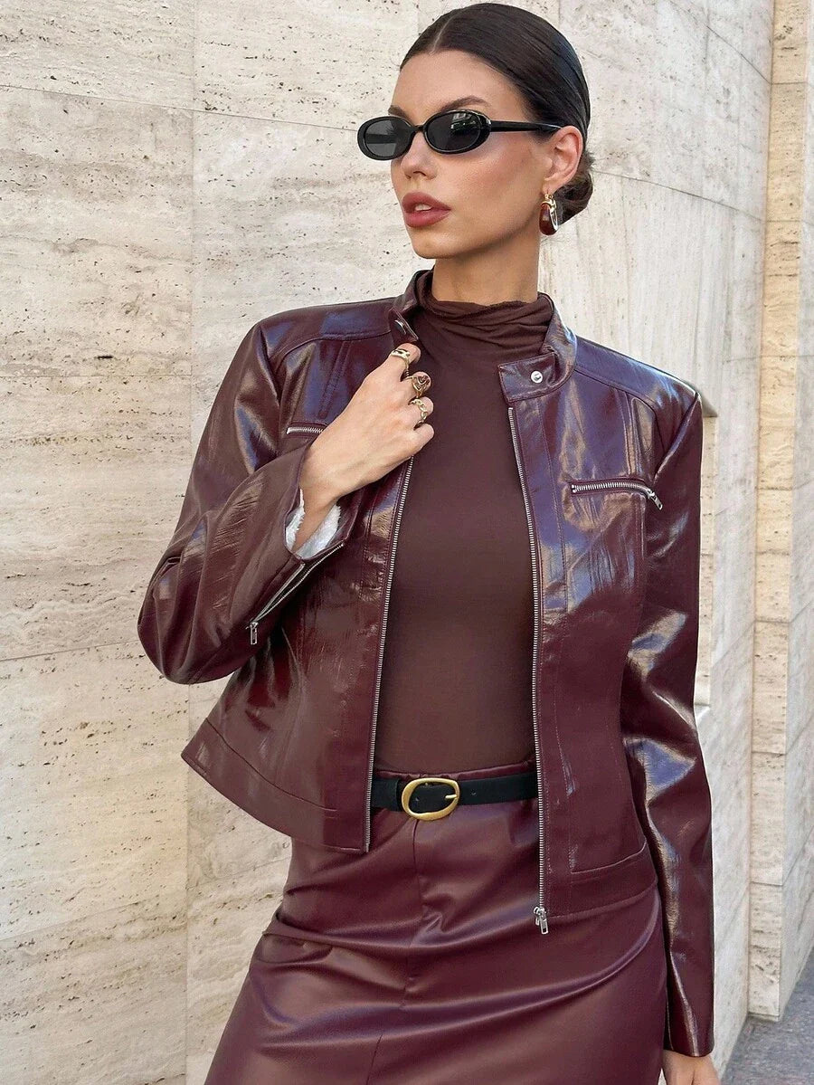 Editum Slim Fit Zip-Up Fleece Jacket With Lining, Black High Collar Casual Street Style Long Sleeve Women's Jacket For Autumn/Winter Black Jacket Women Cropped Jacket Black Crop Jacket Jackets For Women Casual Black Blazer Women,Cozy Fall And Winter Clot