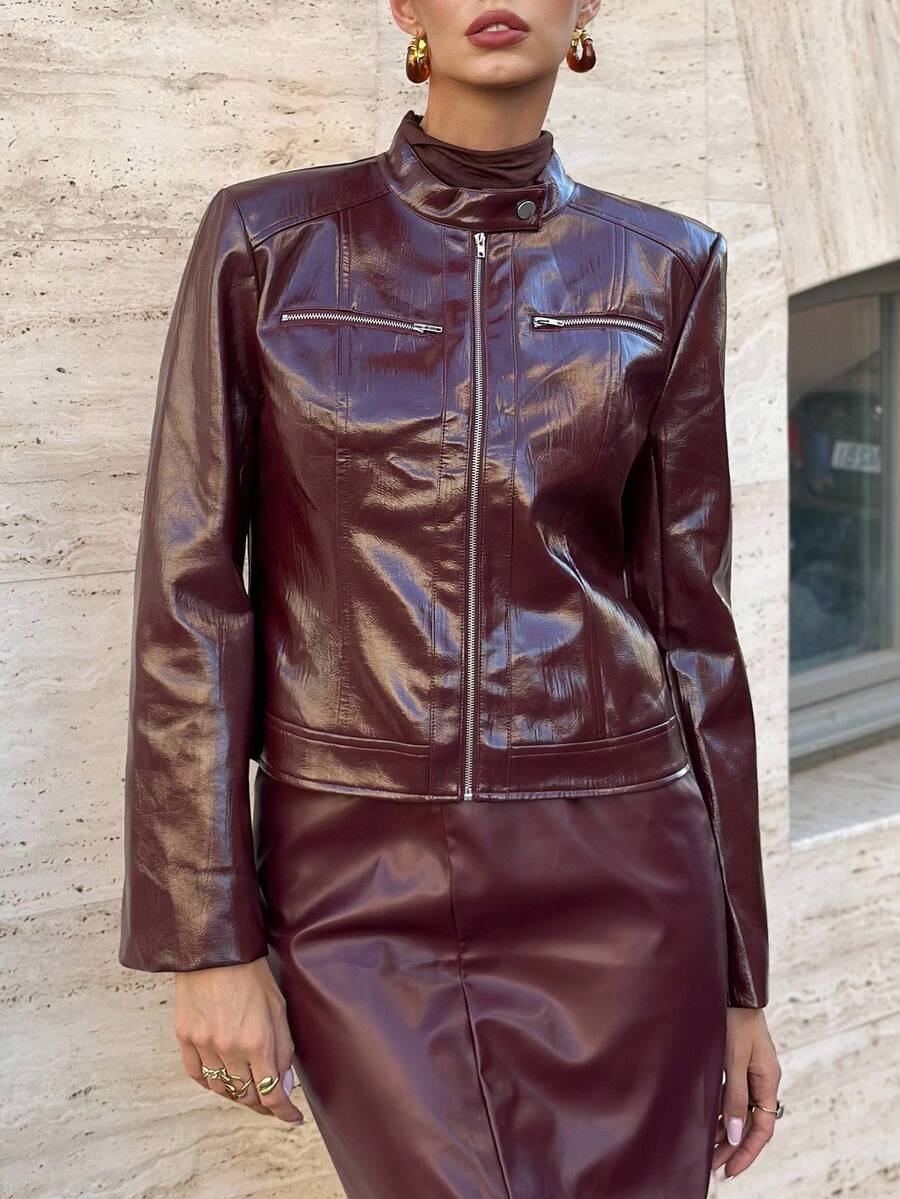 Editum Slim Fit Zip-Up Fleece Jacket With Lining, Black High Collar Casual Street Style Long Sleeve Women's Jacket For Autumn/Winter Black Jacket Women Cropped Jacket Black Crop Jacket Jackets For Women Casual Black Blazer Women,Cozy Fall And Winter Clot