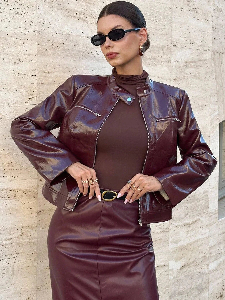 Editum Slim Fit Zip-Up Fleece Jacket With Lining, Black High Collar Casual Street Style Long Sleeve Women's Jacket For Autumn/Winter Black Jacket Women Cropped Jacket Black Crop Jacket Jackets For Women Casual Black Blazer Women,Cozy Fall And Winter Clot