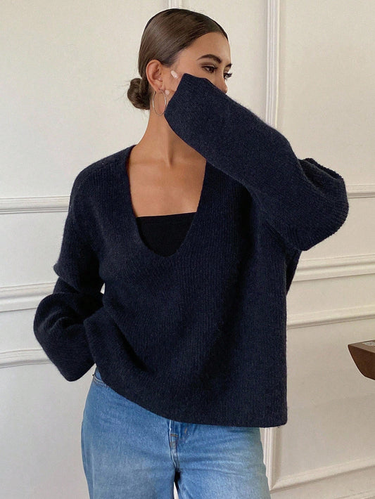 DAZY Women's Loose Deep V-Neck Long Sleeve Casual Street Knit Sweater, Solid Color Fall